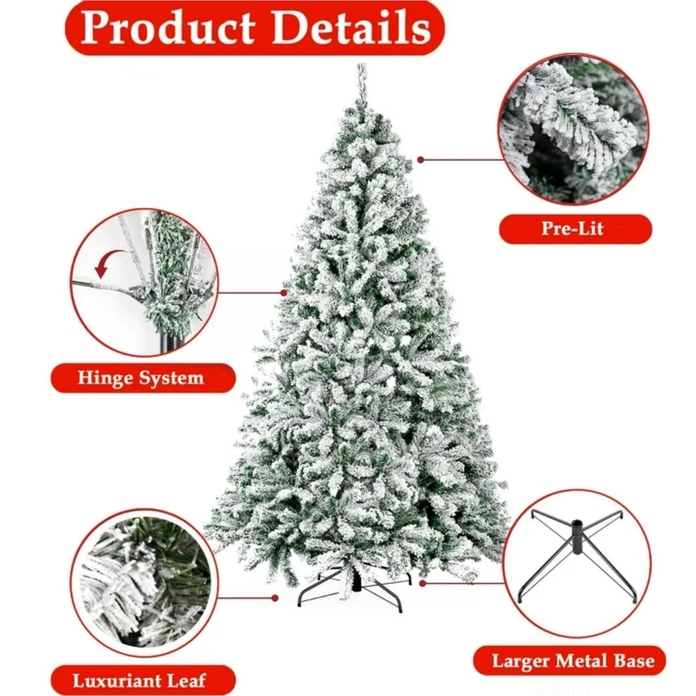 SUGIFT 6ft Snow Flocked Pine Artificial Christmas Tree – 1000 Tips GoodHinged
