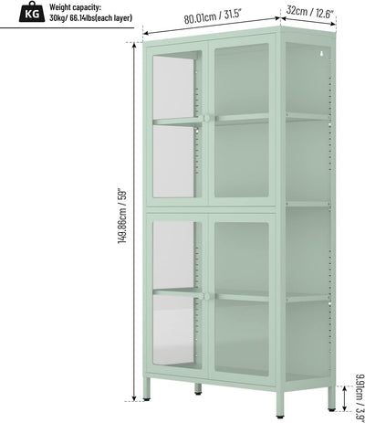 Tzou 4-Tier Glass Display Cabinet | Modern Bookshelf with Adjustable Shelves | Green