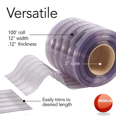 RESILIA - Plastic Vinyl Strip Curtain for Walk in Freezers, Coolers & Warehouse Doors - Clear, 120 mil Thick Between Ribs, 12 Inch x 100 Foot Roll