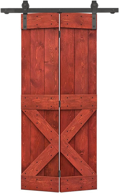 Mini X Series 34" x 84" Cherry Red Bi-Fold Barn Door with Sliding Hardware - Solid Knotty Pine Wood