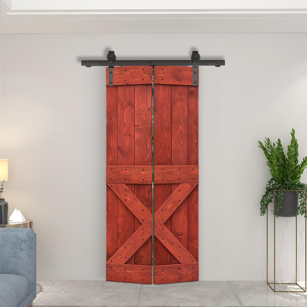 Mini X Series 34" x 84" Cherry Red Bi-Fold Barn Door with Sliding Hardware - Solid Knotty Pine Wood