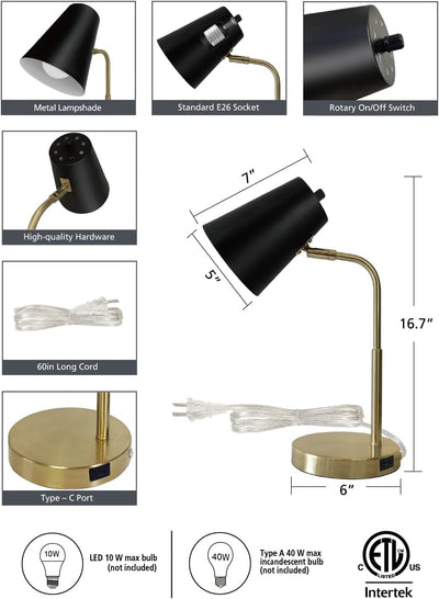 Lampz Soho Desk Lamp | Adjustable Shade & USB-C Charging Port, 15.5" | Brass
