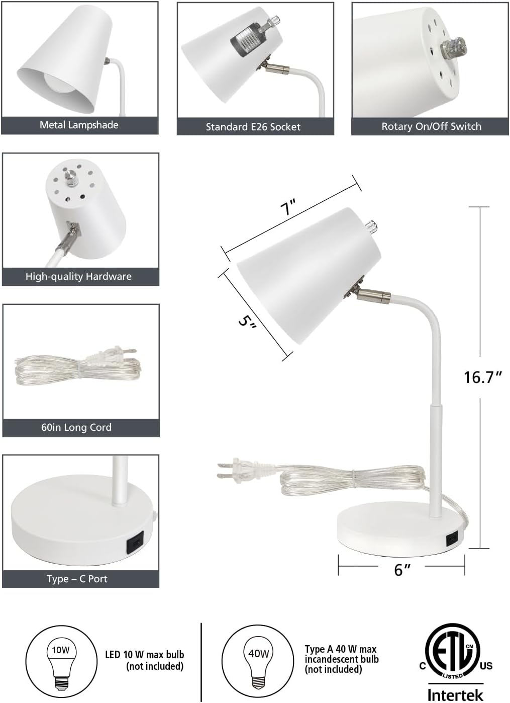 Lampz Soho Desk Lamp | Adjustable Shade & USB-C Charging Port, 15.5" | White