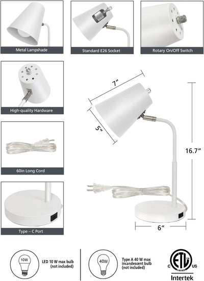 Lampz Soho Desk Lamp | Adjustable Shade & USB-C Charging Port, 15.5" | White