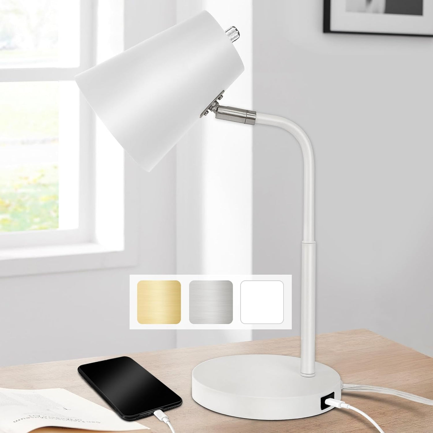 Lampz Soho Desk Lamp | Adjustable Shade & USB-C Charging Port, 15.5" | White