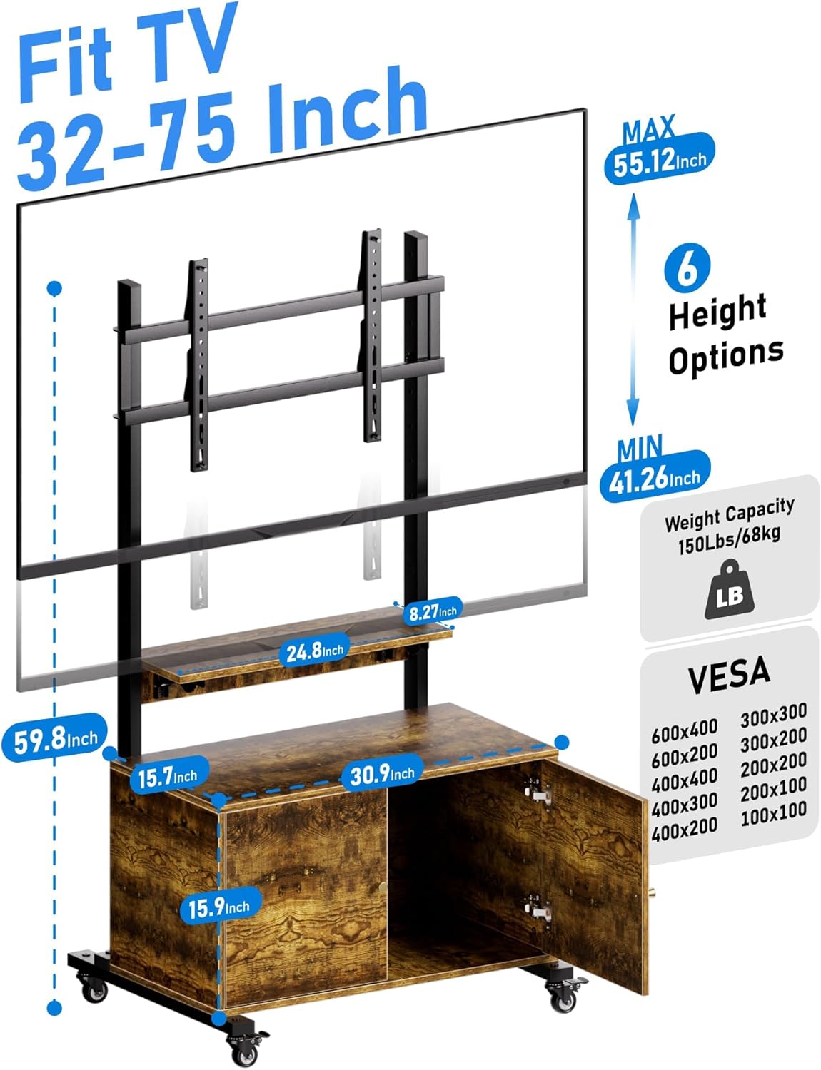Rolling Entertainment Center with TV Mount - Adjustable Stand for 32-75in Screens, Storage Cabinet, Foldable Table