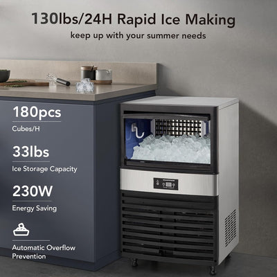 PIONEERWORKS Commercial Ice Maker | 130 lbs/Day, 40 lbs Storage | Stainless Steel