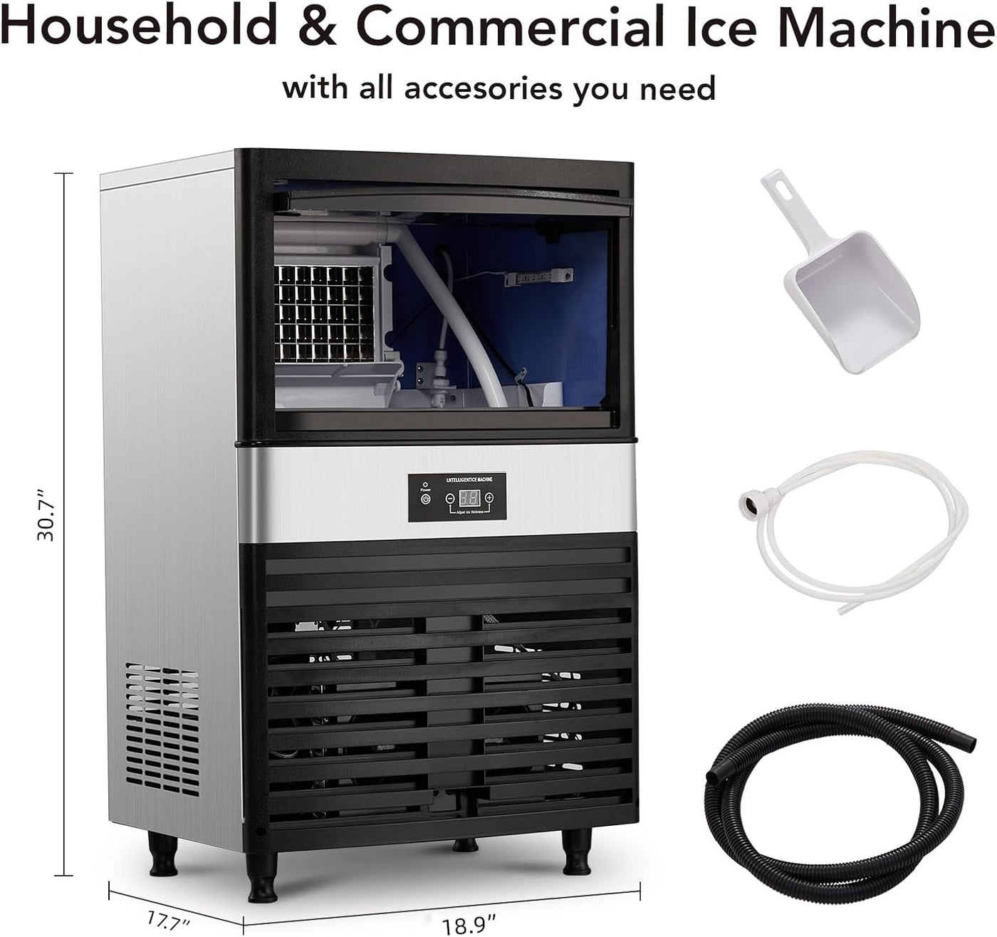 PIONEERWORKS Commercial Ice Maker | 130 lbs/Day, 40 lbs Storage | Stainless Steel