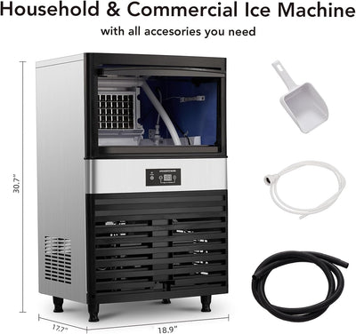 PIONEERWORKS Commercial Ice Maker | 130 lbs/Day, 40 lbs Storage | Stainless Steel