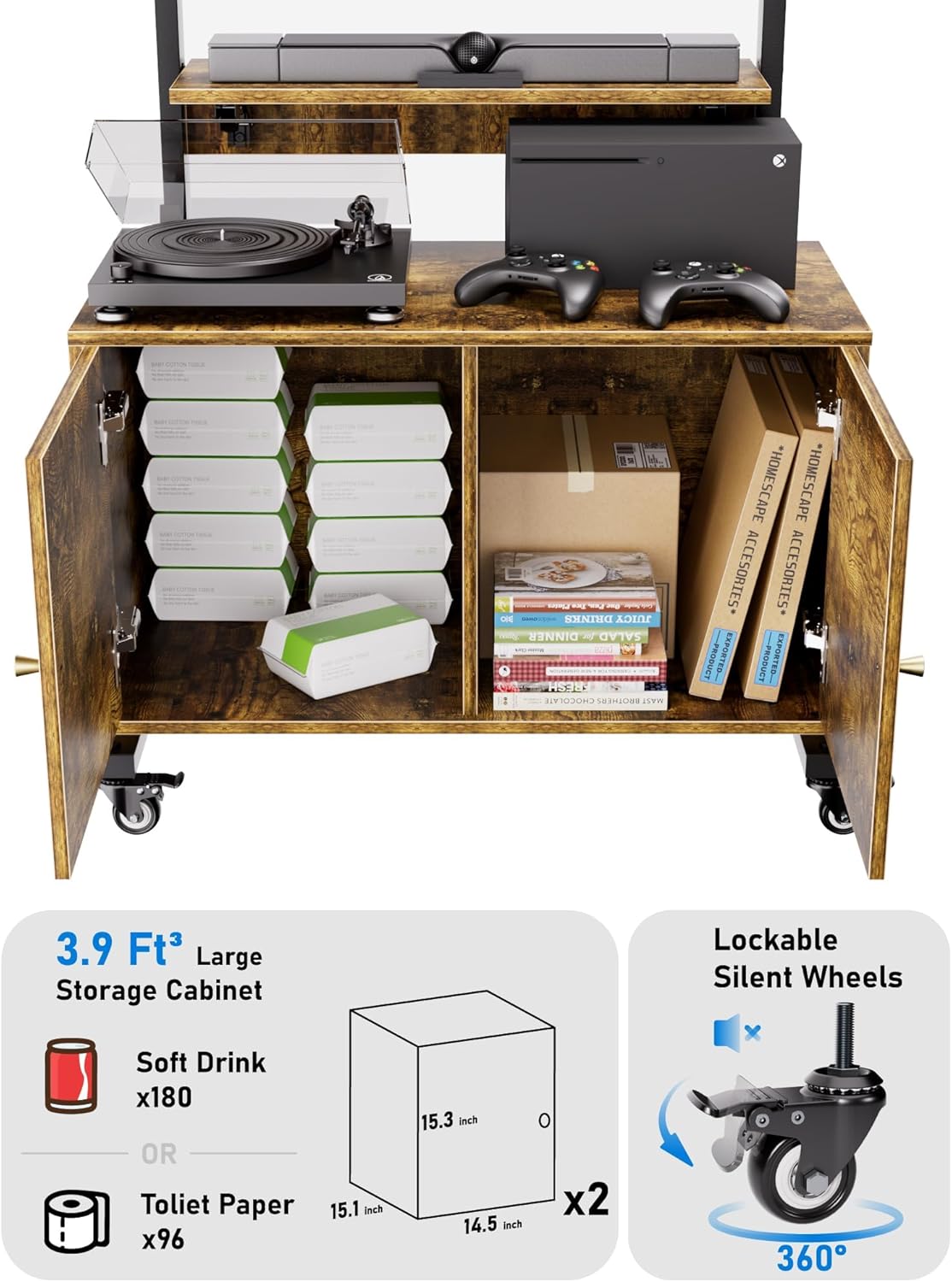 Rolling Entertainment Center with TV Mount - Adjustable Stand for 32-75in Screens, Storage Cabinet, Foldable Table