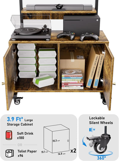 Rolling Entertainment Center with TV Mount - Adjustable Stand for 32-75in Screens, Storage Cabinet, Foldable Table