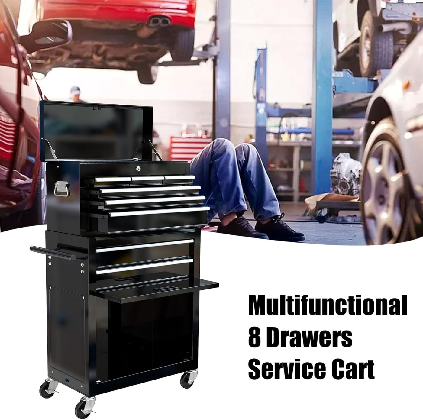SLifet 8-Drawer Rolling Tool Chest | Removable Tool Cart | Locking Storage, Black