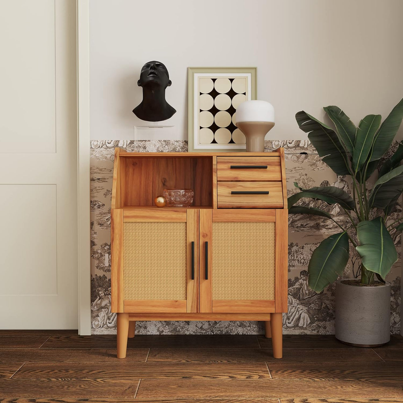 SPOFLYINN Oak Modern Farmhouse Sideboard | Rattan Doors & Drawers | Buffet Cabinet