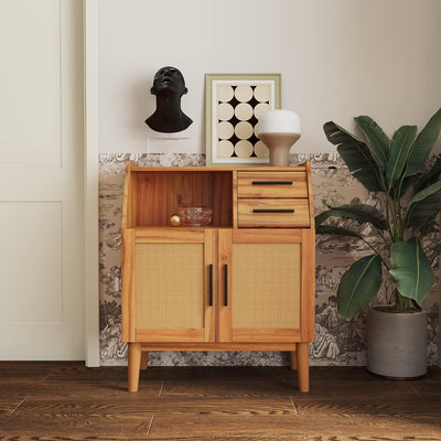 SPOFLYINN Oak Modern Farmhouse Sideboard | Rattan Doors & Drawers | Buffet Cabinet