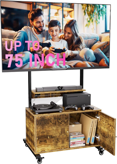 Rolling Entertainment Center with TV Mount - Adjustable Stand for 32-75in Screens, Storage Cabinet, Foldable Table