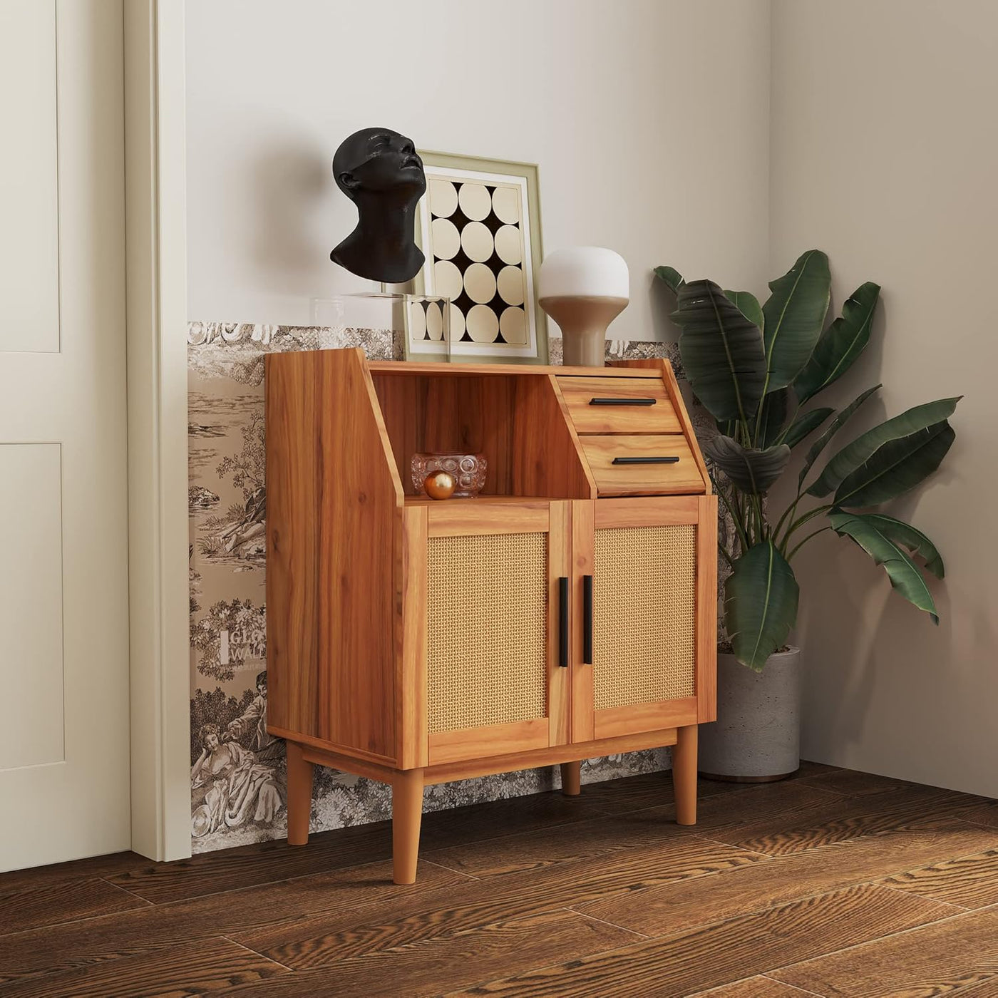 SPOFLYINN Oak Modern Farmhouse Sideboard | Rattan Doors & Drawers | Buffet Cabinet