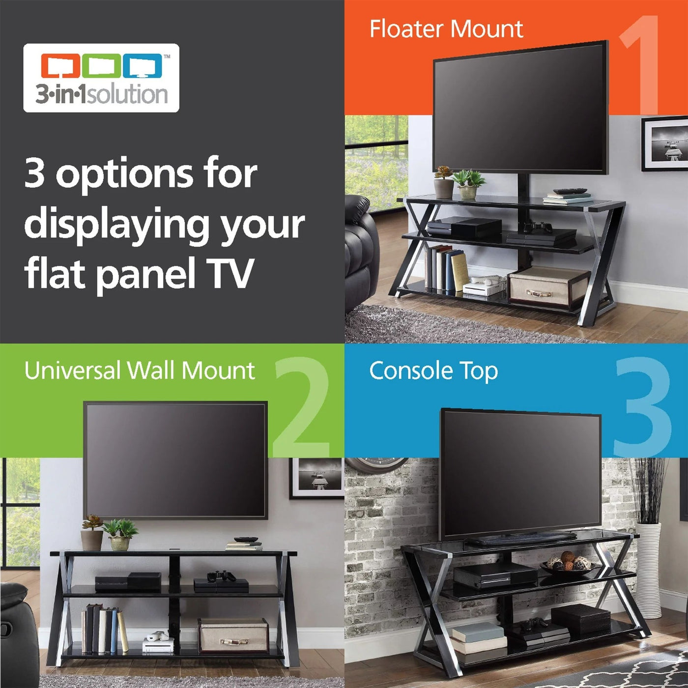 Whalen Xavier 3-in-1 Television Stand for TVs Up to 70" Swivel Mount | Black