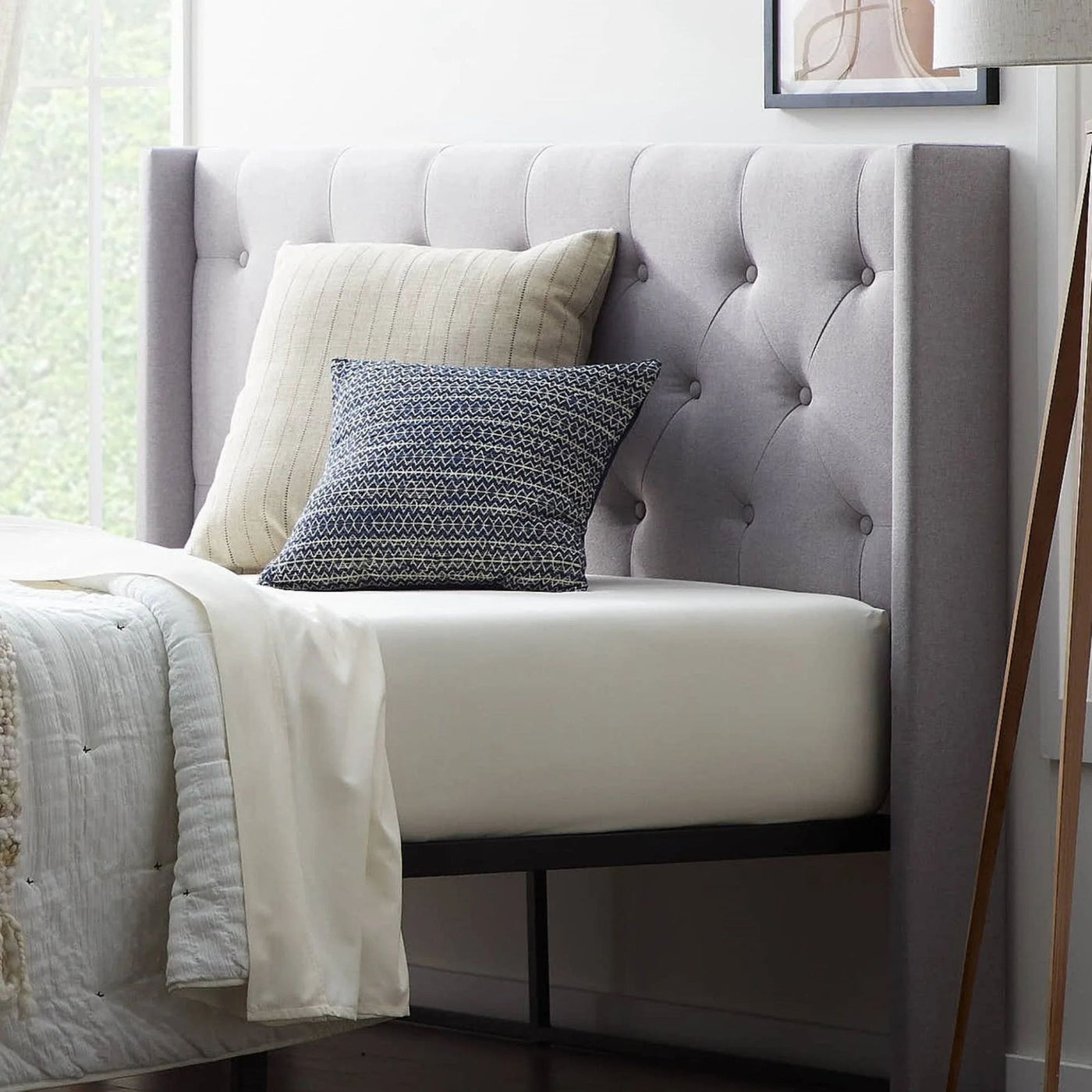 Rest Haven Elizabeth Wingback Upholstered Headboard with Button Tufting, Gray