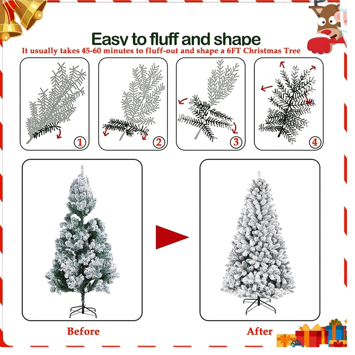SUGIFT 6ft Snow Flocked Pine Artificial Christmas Tree – 1000 Tips GoodHinged
