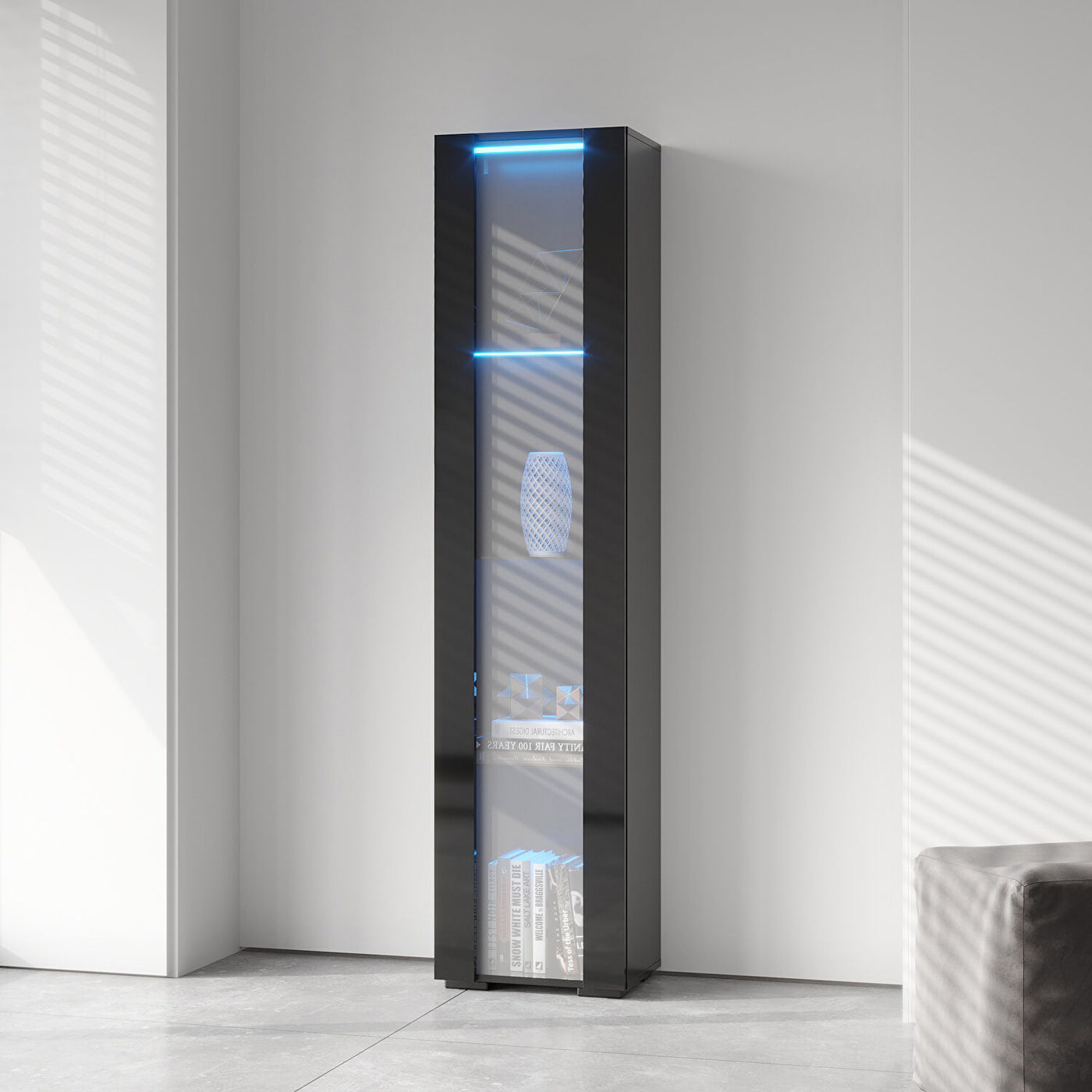 SPOFLYINN 4-Tier Tall Storage Cabinet | Slim Side Cabinet with LED Lighting | Black