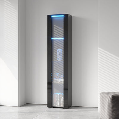 SPOFLYINN 4-Tier Tall Storage Cabinet | Slim Side Cabinet with LED Lighting | Black